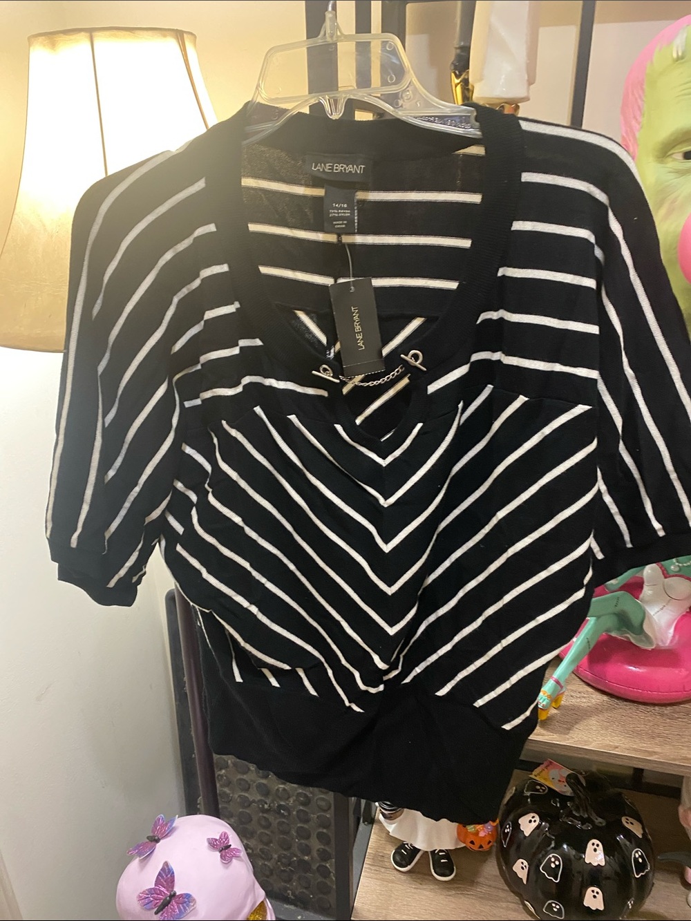 Lane Bryant Black and White Striped Lace-Up V-Neck Short Sleeve Top